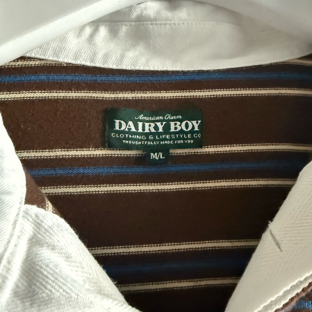 Dairy Boy Striped Rugby Polo with White Collar - Brown & Blue - Picture 2 of 3